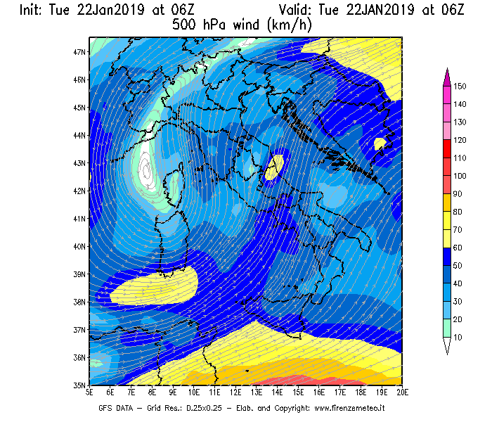 Mappa di analisi GFS - Velocità del vento a 500 hPa [km/h] in Italia
							del 22/01/2019 06 <!--googleoff: index-->UTC<!--googleon: index-->
