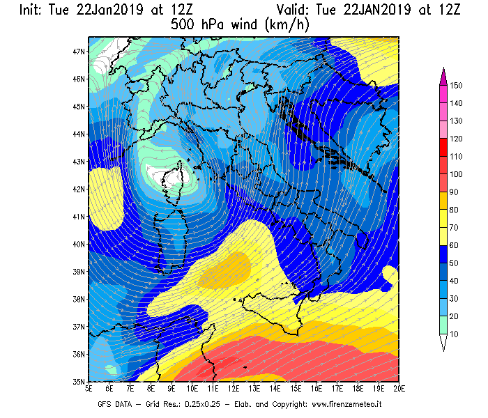 Mappa di analisi GFS - Velocità del vento a 500 hPa [km/h] in Italia
							del 22/01/2019 12 <!--googleoff: index-->UTC<!--googleon: index-->