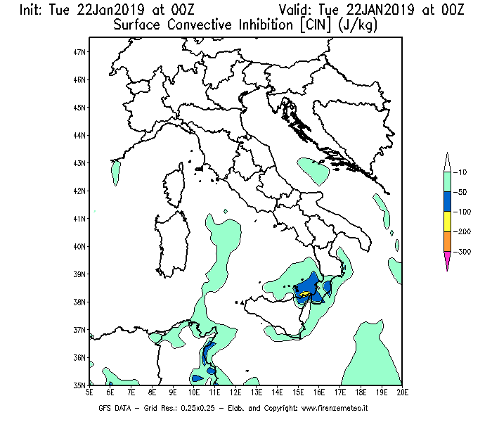 Mappa di analisi GFS - CIN [J/kg] in Italia
							del 22/01/2019 00 <!--googleoff: index-->UTC<!--googleon: index-->