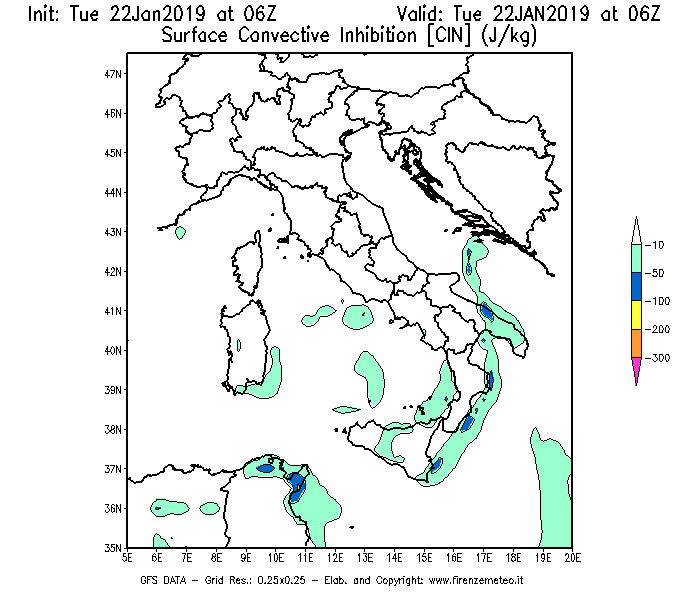 Mappa di analisi GFS - CIN [J/kg] in Italia
							del 22/01/2019 06 <!--googleoff: index-->UTC<!--googleon: index-->