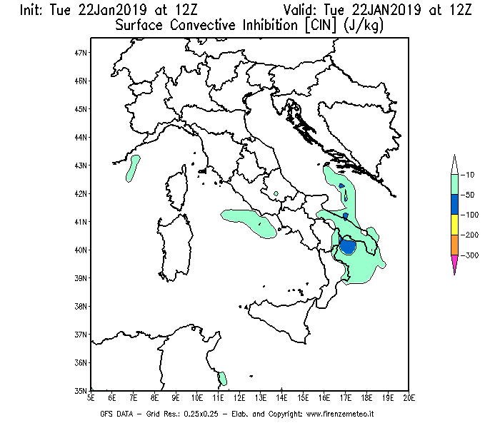 Mappa di analisi GFS - CIN [J/kg] in Italia
							del 22/01/2019 12 <!--googleoff: index-->UTC<!--googleon: index-->