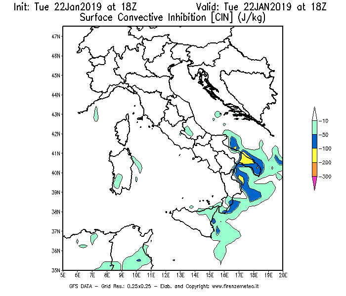 Mappa di analisi GFS - CIN [J/kg] in Italia
							del 22/01/2019 18 <!--googleoff: index-->UTC<!--googleon: index-->