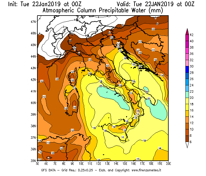 Mappa di analisi GFS - Precipitable Water [mm] in Italia
							del 22/01/2019 00 <!--googleoff: index-->UTC<!--googleon: index-->