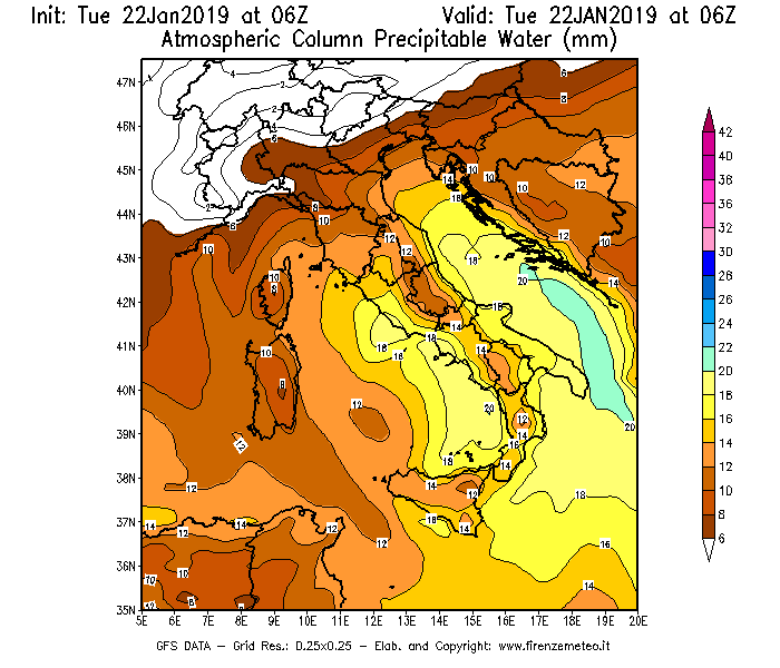 Mappa di analisi GFS - Precipitable Water [mm] in Italia
							del 22/01/2019 06 <!--googleoff: index-->UTC<!--googleon: index-->