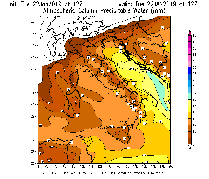 Mappa di analisi GFS - Precipitable Water [mm] in Italia
									del 22/01/2019 12 <!--googleoff: index-->UTC<!--googleon: index-->