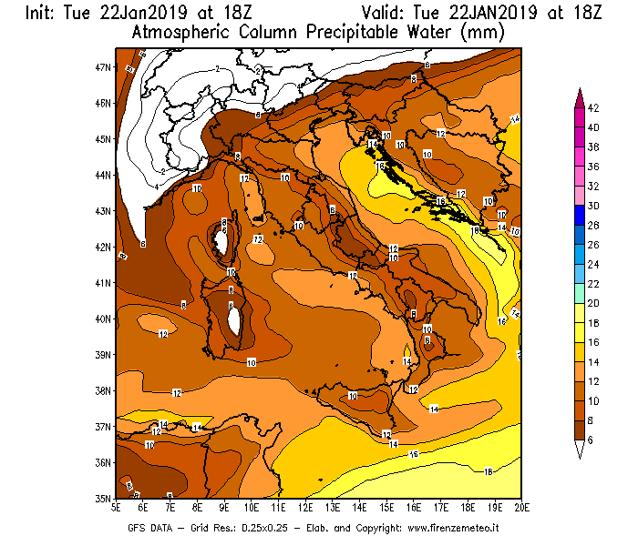 Mappa di analisi GFS - Precipitable Water [mm] in Italia
							del 22/01/2019 18 <!--googleoff: index-->UTC<!--googleon: index-->