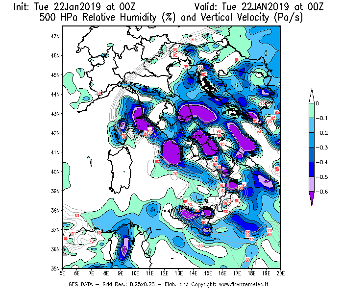 Mappa di analisi GFS - Umidità relativa [%] e Omega [Pa/s] a 500 hPa in Italia
							del 22/01/2019 00 <!--googleoff: index-->UTC<!--googleon: index-->