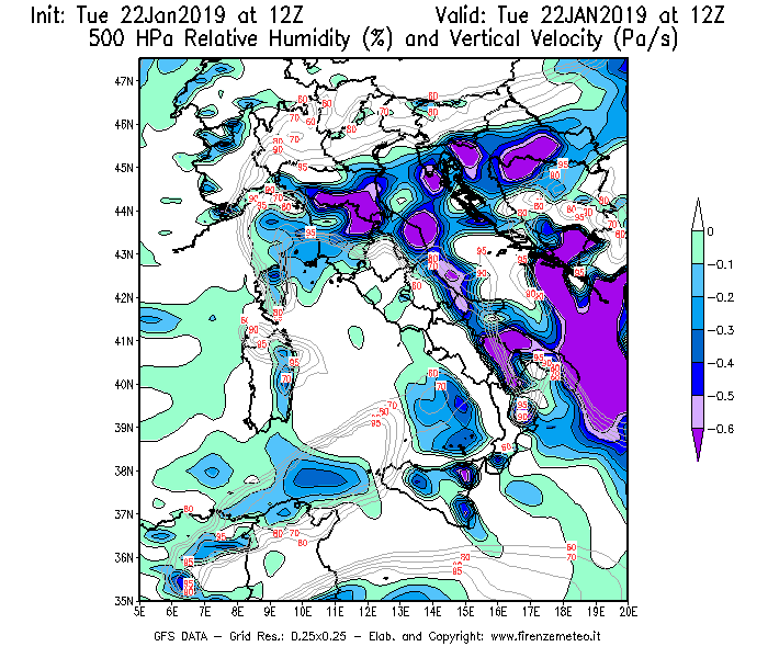 Mappa di analisi GFS - Umidità relativa [%] e Omega [Pa/s] a 500 hPa in Italia
							del 22/01/2019 12 <!--googleoff: index-->UTC<!--googleon: index-->