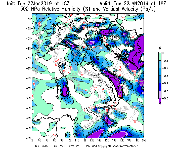 Mappa di analisi GFS - Umidità relativa [%] e Omega [Pa/s] a 500 hPa in Italia
							del 22/01/2019 18 <!--googleoff: index-->UTC<!--googleon: index-->