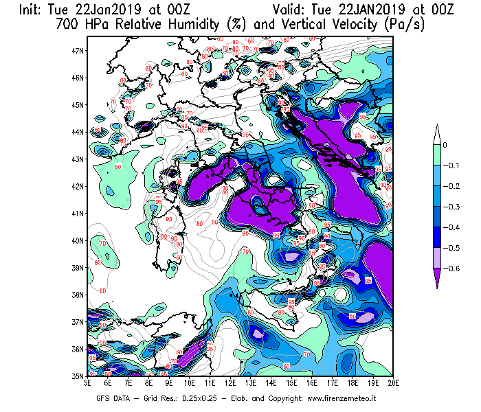 Mappa di analisi GFS - Umidità relativa [%] e Omega [Pa/s] a 700 hPa in Italia
							del 22/01/2019 00 <!--googleoff: index-->UTC<!--googleon: index-->
