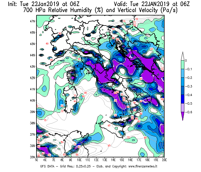 Mappa di analisi GFS - Umidità relativa [%] e Omega [Pa/s] a 700 hPa in Italia
							del 22/01/2019 06 <!--googleoff: index-->UTC<!--googleon: index-->