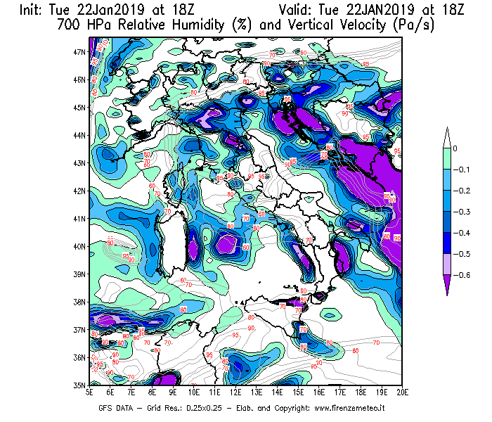 Mappa di analisi GFS - Umidità relativa [%] e Omega [Pa/s] a 700 hPa in Italia
									del 22/01/2019 18 <!--googleoff: index-->UTC<!--googleon: index-->