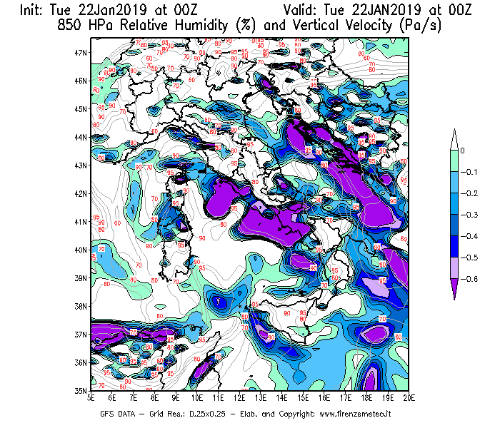 Mappa di analisi GFS - Umidità relativa [%] e Omega [Pa/s] a 850 hPa in Italia
							del 22/01/2019 00 <!--googleoff: index-->UTC<!--googleon: index-->