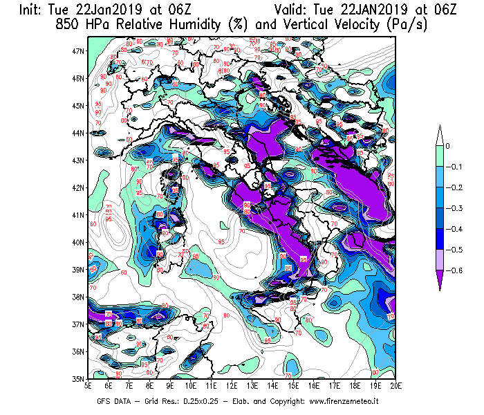 Mappa di analisi GFS - Umidità relativa [%] e Omega [Pa/s] a 850 hPa in Italia
									del 22/01/2019 06 <!--googleoff: index-->UTC<!--googleon: index-->