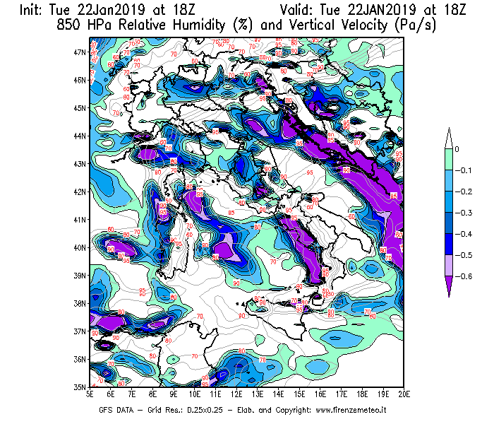 Mappa di analisi GFS - Umidità relativa [%] e Omega [Pa/s] a 850 hPa in Italia
									del 22/01/2019 18 <!--googleoff: index-->UTC<!--googleon: index-->