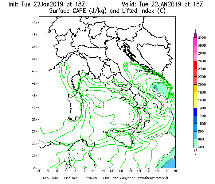 Mappa di analisi GFS - CAPE [J/kg] e Lifted Index [°C] in Italia
									del 22/01/2019 18 <!--googleoff: index-->UTC<!--googleon: index-->