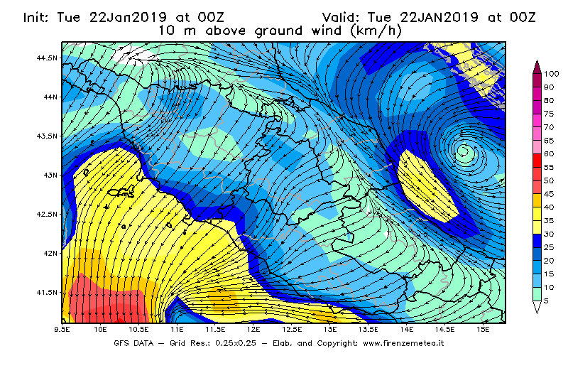 Mappa di analisi GFS - Velocità del vento a 10 metri dal suolo [km/h] in Centro-Italia
							del 22/01/2019 00 <!--googleoff: index-->UTC<!--googleon: index-->
