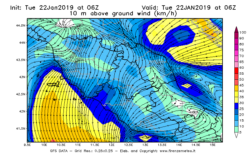 Mappa di analisi GFS - Velocità del vento a 10 metri dal suolo [km/h] in Centro-Italia
									del 22/01/2019 06 <!--googleoff: index-->UTC<!--googleon: index-->