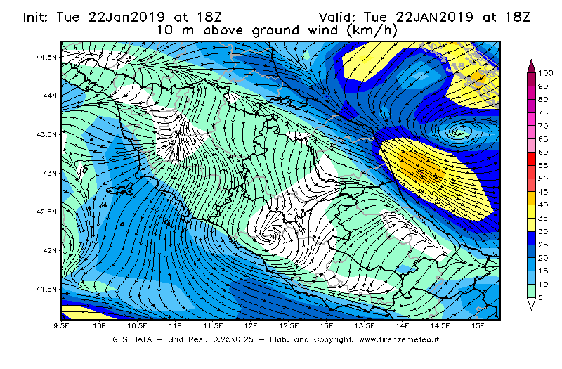 Mappa di analisi GFS - Velocità del vento a 10 metri dal suolo [km/h] in Centro-Italia
							del 22/01/2019 18 <!--googleoff: index-->UTC<!--googleon: index-->