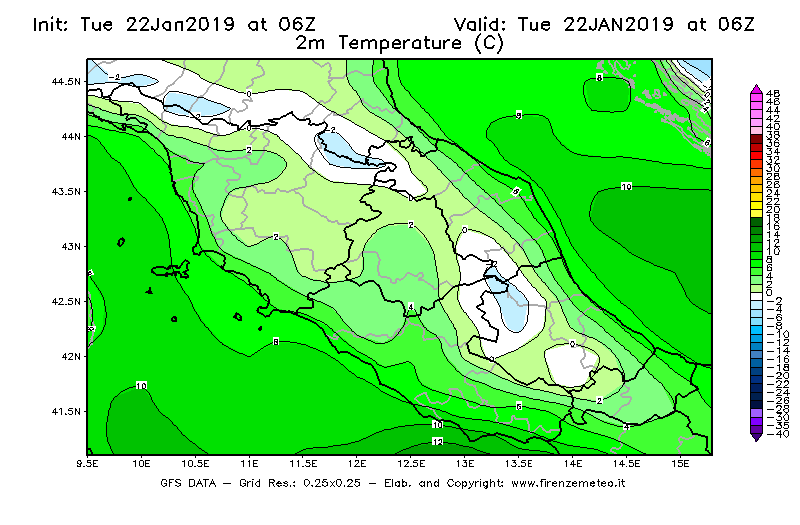 Mappa di analisi GFS - Temperatura a 2 metri dal suolo [°C] in Centro-Italia
							del 22/01/2019 06 <!--googleoff: index-->UTC<!--googleon: index-->