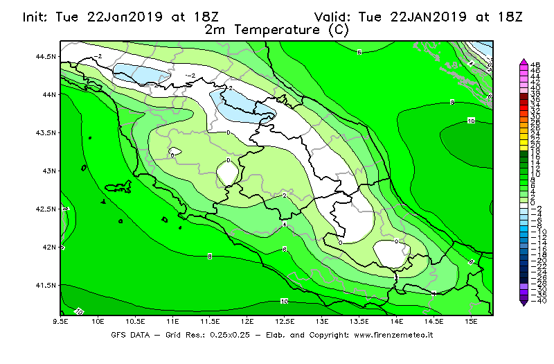 Mappa di analisi GFS - Temperatura a 2 metri dal suolo [°C] in Centro-Italia
							del 22/01/2019 18 <!--googleoff: index-->UTC<!--googleon: index-->