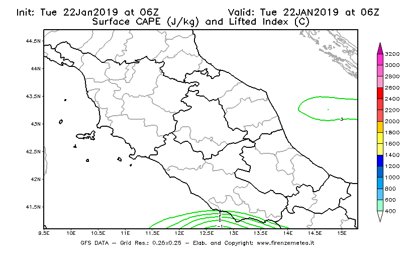 Mappa di analisi GFS - CAPE [J/kg] e Lifted Index [°C] in Centro-Italia
							del 22/01/2019 06 <!--googleoff: index-->UTC<!--googleon: index-->