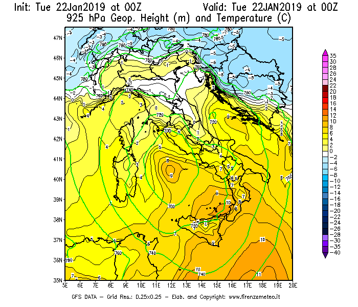 Mappa di analisi GFS - Geopotenziale [m] e Temperatura [°C] a 925 hPa in Italia
							del 22/01/2019 00 <!--googleoff: index-->UTC<!--googleon: index-->