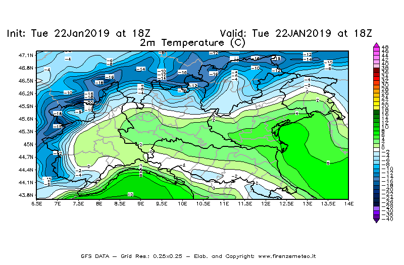 Mappa di analisi GFS - Temperatura a 2 metri dal suolo [°C] in Nord-Italia
							del 22/01/2019 18 <!--googleoff: index-->UTC<!--googleon: index-->