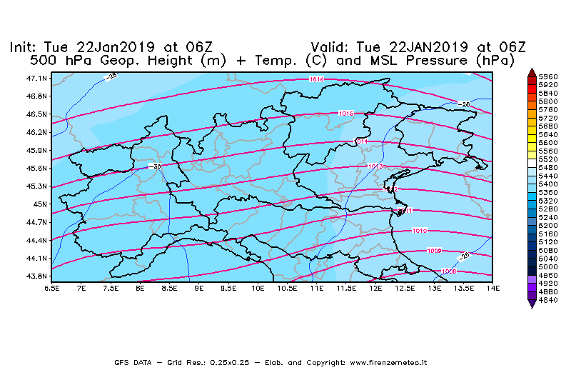 Mappa di analisi GFS - Geopotenziale [m] + Temp. [°C] a 500 hPa + Press. a livello del mare [hPa] in Nord-Italia
							del 22/01/2019 06 <!--googleoff: index-->UTC<!--googleon: index-->
