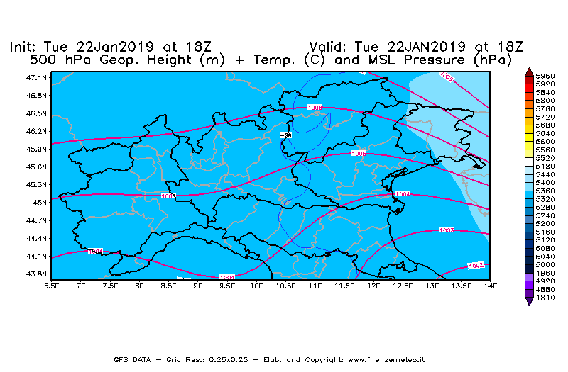 Mappa di analisi GFS - Geopotenziale [m] + Temp. [°C] a 500 hPa + Press. a livello del mare [hPa] in Nord-Italia
									del 22/01/2019 18 <!--googleoff: index-->UTC<!--googleon: index-->