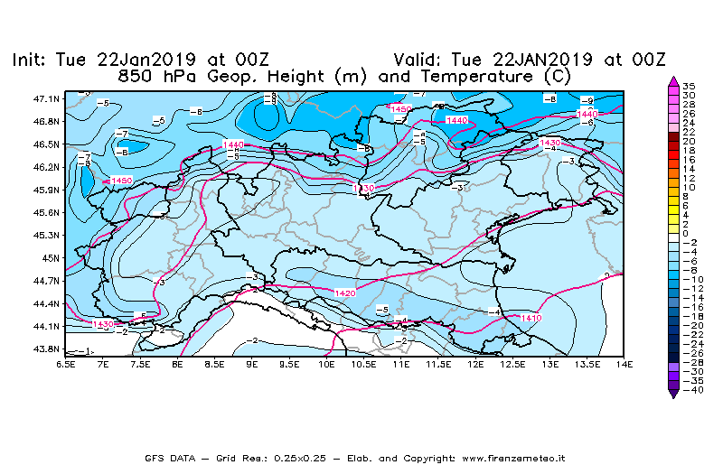 Mappa di analisi GFS - Geopotenziale [m] e Temperatura [°C] a 850 hPa in Nord-Italia
							del 22/01/2019 00 <!--googleoff: index-->UTC<!--googleon: index-->