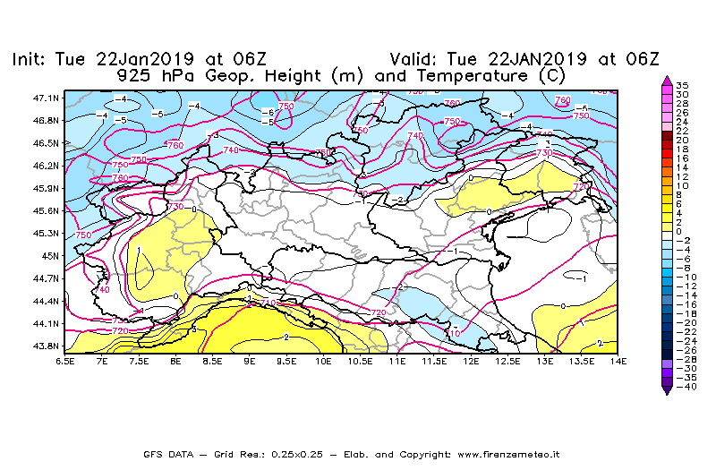 Mappa di analisi GFS - Geopotenziale [m] e Temperatura [°C] a 925 hPa in Nord-Italia
							del 22/01/2019 06 <!--googleoff: index-->UTC<!--googleon: index-->