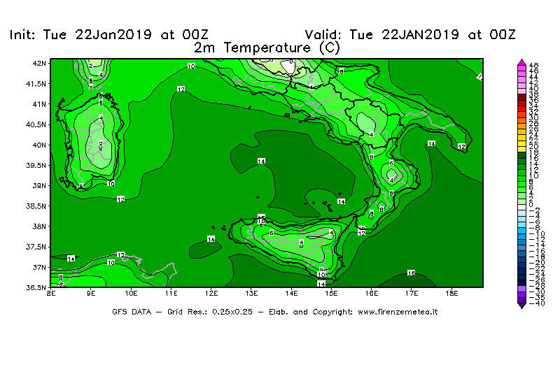 Mappa di analisi GFS - Temperatura a 2 metri dal suolo [°C] in Sud-Italia
							del 22/01/2019 00 <!--googleoff: index-->UTC<!--googleon: index-->