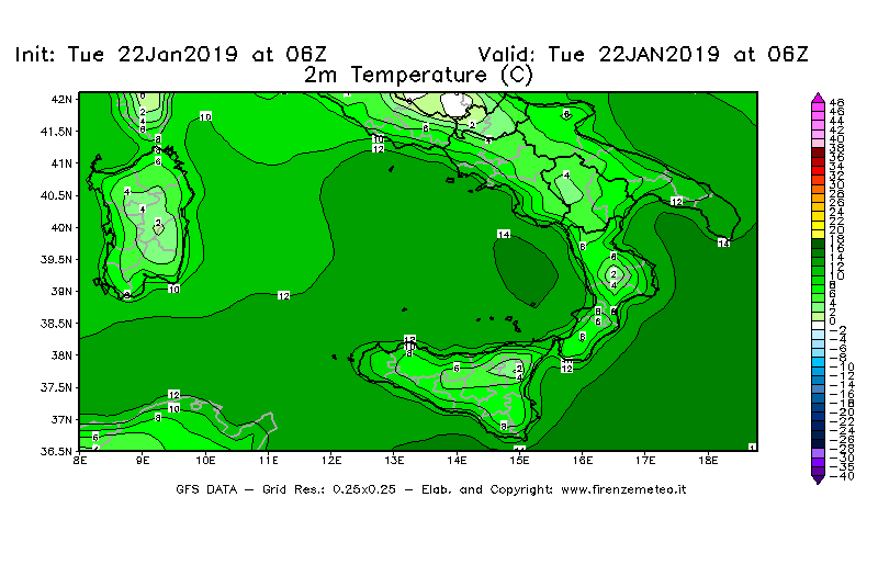 Mappa di analisi GFS - Temperatura a 2 metri dal suolo [°C] in Sud-Italia
							del 22/01/2019 06 <!--googleoff: index-->UTC<!--googleon: index-->