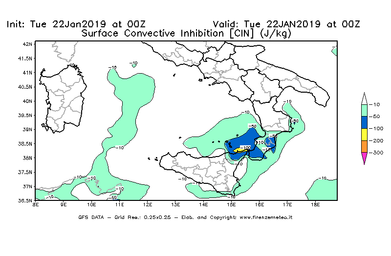 Mappa di analisi GFS - CIN [J/kg] in Sud-Italia
							del 22/01/2019 00 <!--googleoff: index-->UTC<!--googleon: index-->