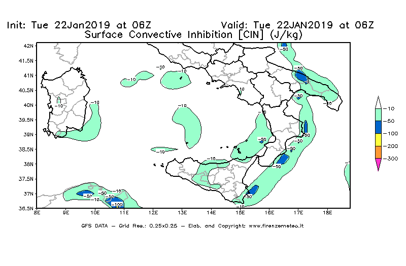 Mappa di analisi GFS - CIN [J/kg] in Sud-Italia
									del 22/01/2019 06 <!--googleoff: index-->UTC<!--googleon: index-->