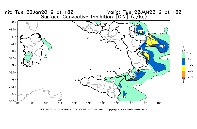 Mappa di analisi GFS - CIN [J/kg] in Sud-Italia
									del 22/01/2019 18 <!--googleoff: index-->UTC<!--googleon: index-->