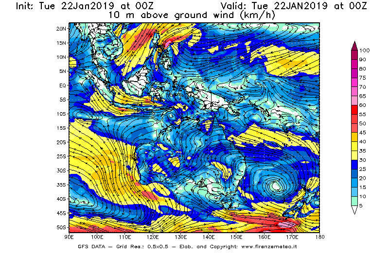 Mappa di analisi GFS - Velocità del vento a 10 metri dal suolo [km/h] in Oceania
									del 22/01/2019 00 <!--googleoff: index-->UTC<!--googleon: index-->