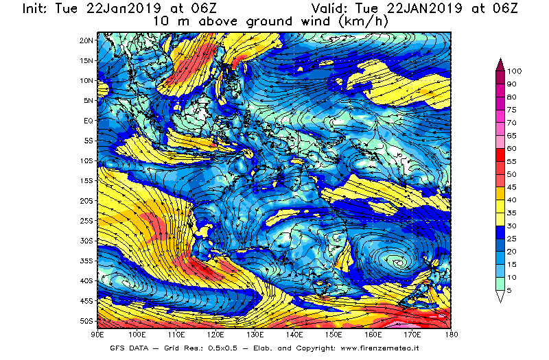 Mappa di analisi GFS - Velocità del vento a 10 metri dal suolo [km/h] in Oceania
									del 22/01/2019 06 <!--googleoff: index-->UTC<!--googleon: index-->