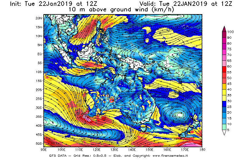 Mappa di analisi GFS - Velocità del vento a 10 metri dal suolo [km/h] in Oceania
									del 22/01/2019 12 <!--googleoff: index-->UTC<!--googleon: index-->