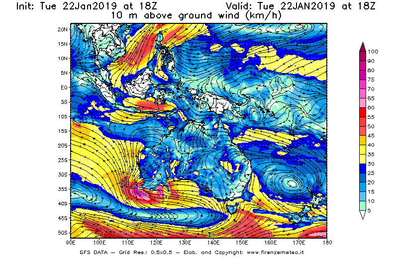 Mappa di analisi GFS - Velocità del vento a 10 metri dal suolo [km/h] in Oceania
									del 22/01/2019 18 <!--googleoff: index-->UTC<!--googleon: index-->