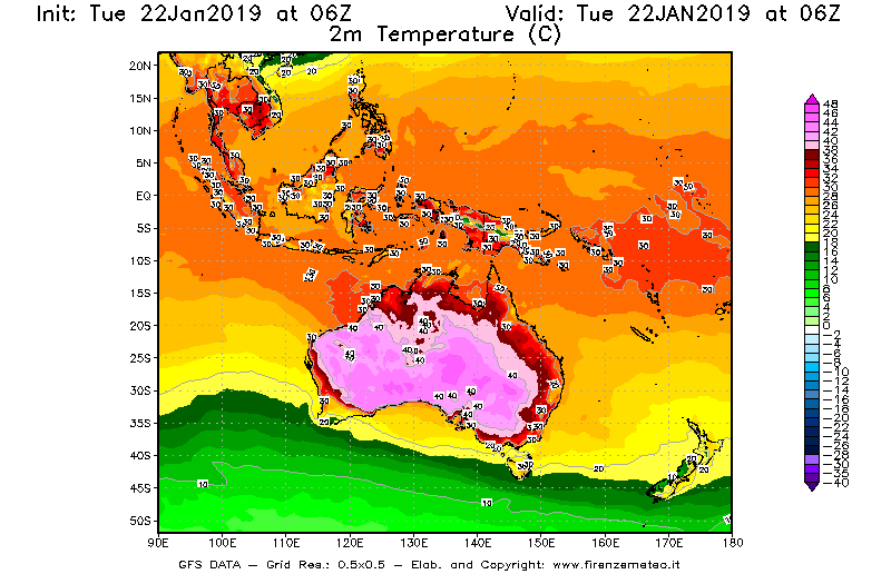 Mappa di analisi GFS - Temperatura a 2 metri dal suolo [°C] in Oceania
									del 22/01/2019 06 <!--googleoff: index-->UTC<!--googleon: index-->