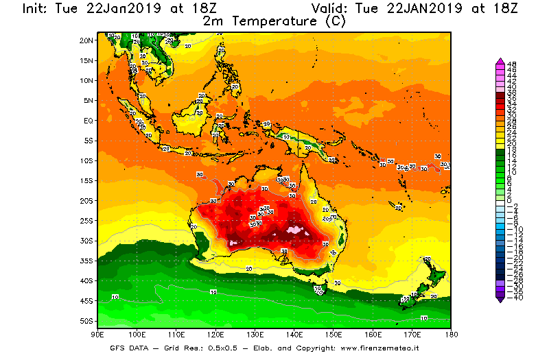 Mappa di analisi GFS - Temperatura a 2 metri dal suolo [°C] in Oceania
							del 22/01/2019 18 <!--googleoff: index-->UTC<!--googleon: index-->