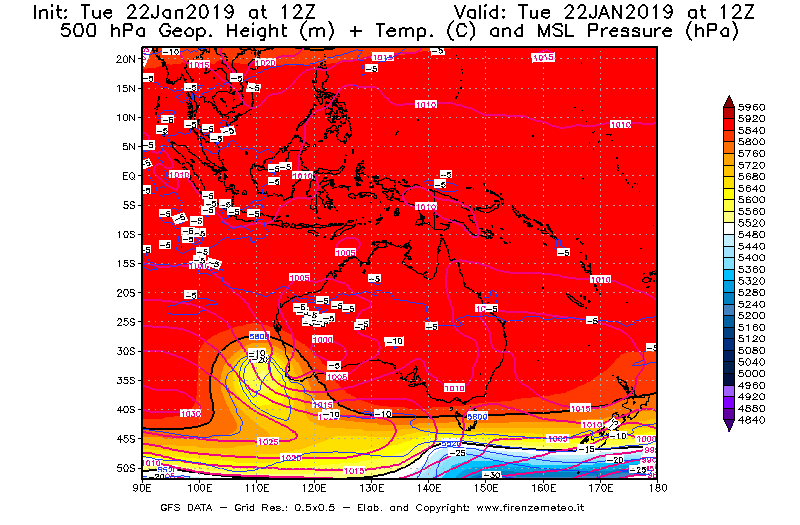 Mappa di analisi GFS - Geopotenziale [m] + Temp. [°C] a 500 hPa + Press. a livello del mare [hPa] in Oceania
									del 22/01/2019 12 <!--googleoff: index-->UTC<!--googleon: index-->