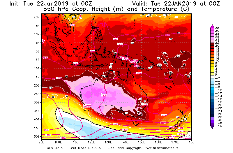 Mappa di analisi GFS - Geopotenziale [m] e Temperatura [°C] a 850 hPa in Oceania
							del 22/01/2019 00 <!--googleoff: index-->UTC<!--googleon: index-->