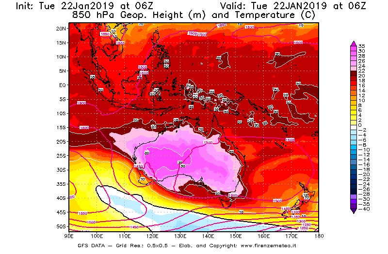 Mappa di analisi GFS - Geopotenziale [m] e Temperatura [°C] a 850 hPa in Oceania
							del 22/01/2019 06 <!--googleoff: index-->UTC<!--googleon: index-->
