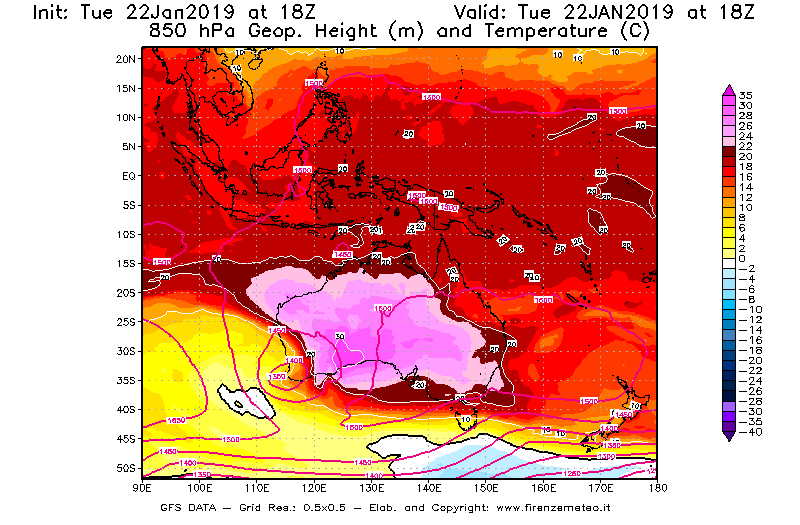 Mappa di analisi GFS - Geopotenziale [m] e Temperatura [°C] a 850 hPa in Oceania
							del 22/01/2019 18 <!--googleoff: index-->UTC<!--googleon: index-->
