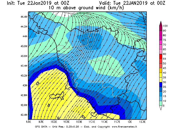 Mappa di analisi GFS - Velocità del vento a 10 metri dal suolo [km/h] in Toscana
							del 22/01/2019 00 <!--googleoff: index-->UTC<!--googleon: index-->