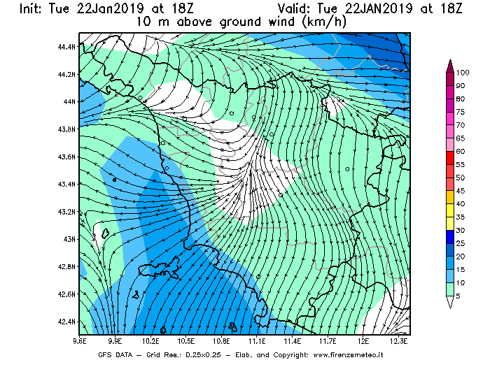 Mappa di analisi GFS - Velocità del vento a 10 metri dal suolo [km/h] in Toscana
									del 22/01/2019 18 <!--googleoff: index-->UTC<!--googleon: index-->