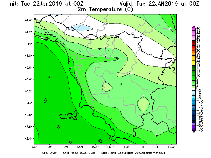 Mappa di analisi GFS - Temperatura a 2 metri dal suolo [°C] in Toscana
							del 22/01/2019 00 <!--googleoff: index-->UTC<!--googleon: index-->